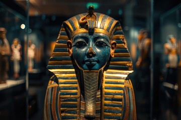 A detailed view of an ancient Egyptian pharaoh's statue