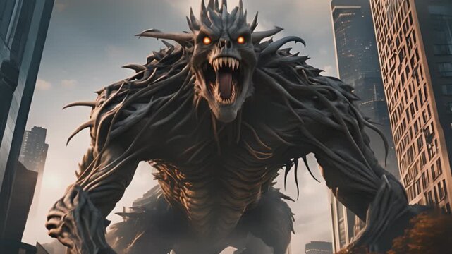 Giant, thorny monster attacking a city. Fantasy, sci-fi, science fiction cinematic movie footage. Dread, apocalypse,dark specter of war, death, city destruction concepts. 