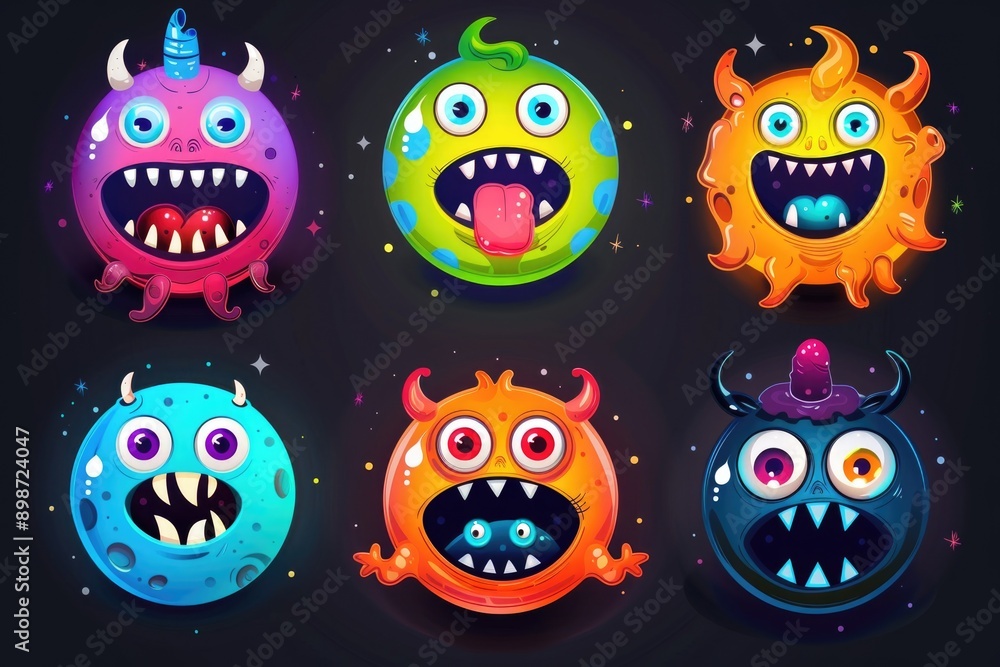 Poster Group of colorful cartoon monsters showing various facial expressions, great for illustration or design projects