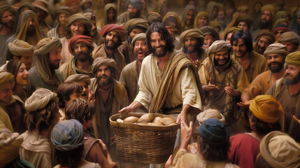 Jesus feeds five thousand with loaves. - Wallpaper, Desktop Background - AI Generated