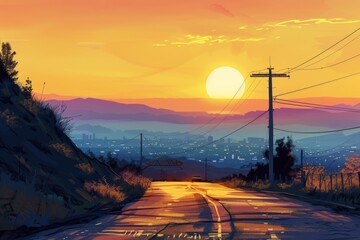 A road stretches into the distance as the sun sets behind, casting a warm glow