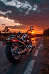 A motorcycle parked on the side of a road with a rural or urban background, suitable for use in travel, adventure, or lifestyle photography