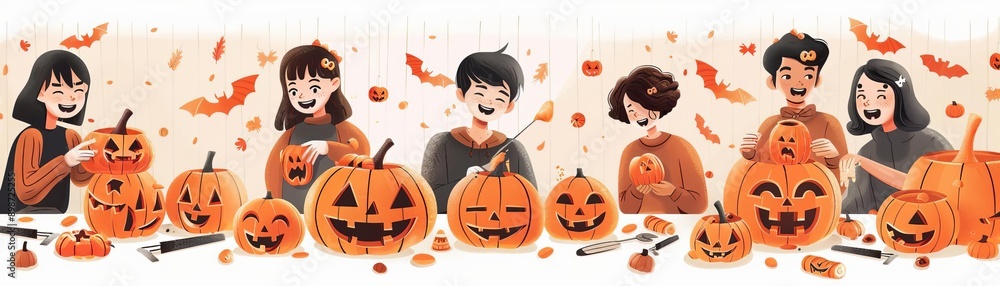 Wall mural Flat design of a joyful Halloween pumpkin carving session