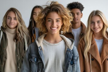 Beautiful multiracial college students walking together in a studio over a white background.