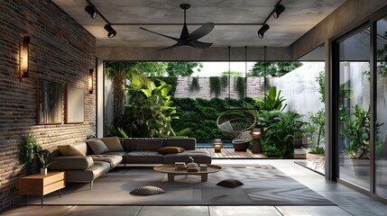 Fototapeta premium Ceiling fan modern villa interior with garden stylish furniture and brick wall