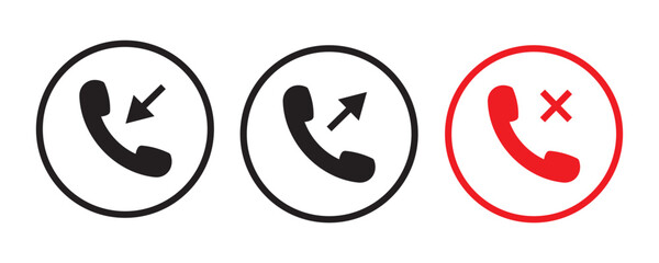 Phone icon. incoming call, outgoing call, missed call line icon, Answer and decline phone call buttons stock vector