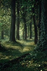 A dense forest with abundant green trees