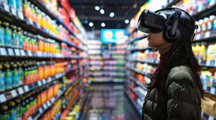 Realistic rendering of a virtual reality shopping experience, showing a user browsing digital aisles filled with detailed product representations 