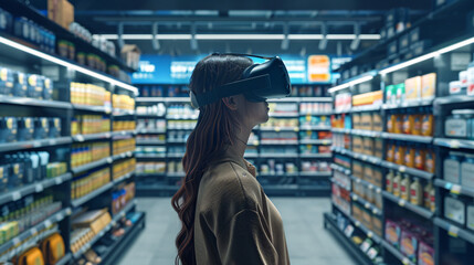 Realistic rendering of a virtual reality shopping experience, showing a user browsing digital aisles filled with detailed product representations 
