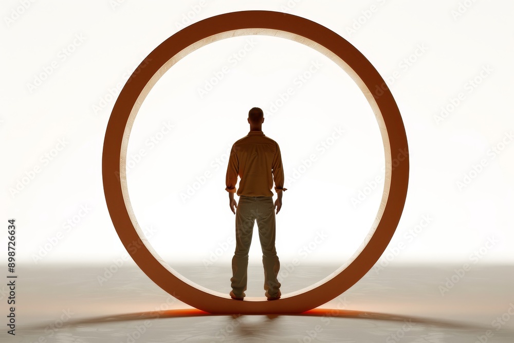 Poster silhouette of a person standing inside a large circular frame symbolizing focus contemplation and mo