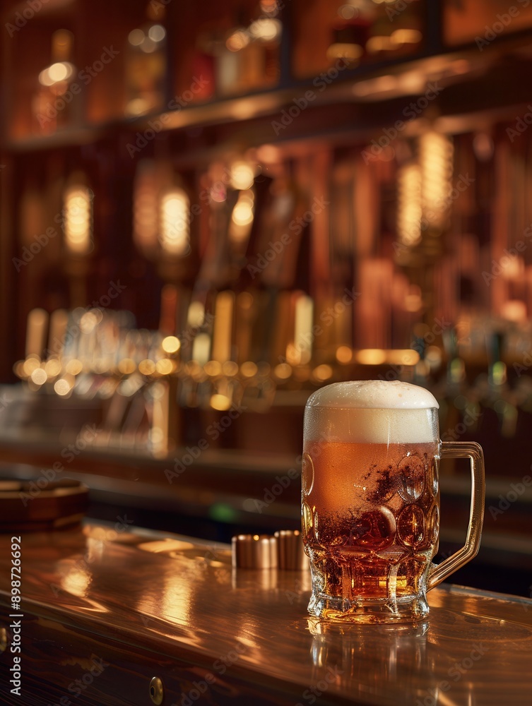 Poster a full glass of beer sits on a bar counter, with a blurred background of bottles and beer taps. gene