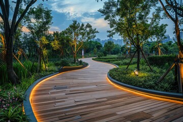 Obraz premium A wooden walkway surrounded by lush greenery and vibrant flowers in a peaceful park environment