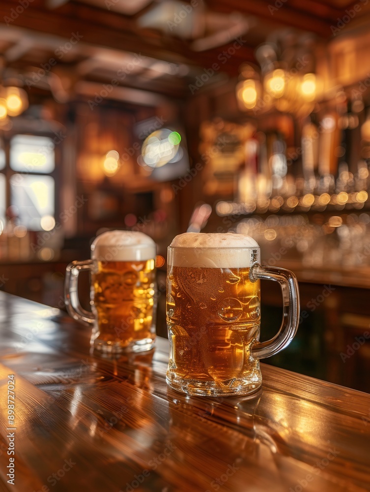 Poster two full glasses of beer sit on a wooden bar counter, with a blurry background of a rustic pub. gene