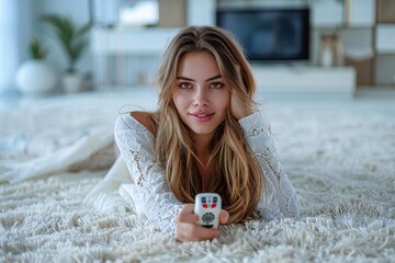 Beautiful young woman lying on a white carpet, holding a remote control and enjoying watching television at home.