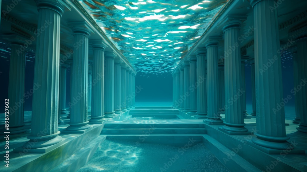 Poster underwater scene featuring ancient columns, illuminated by sunlight filtering through water, creatin