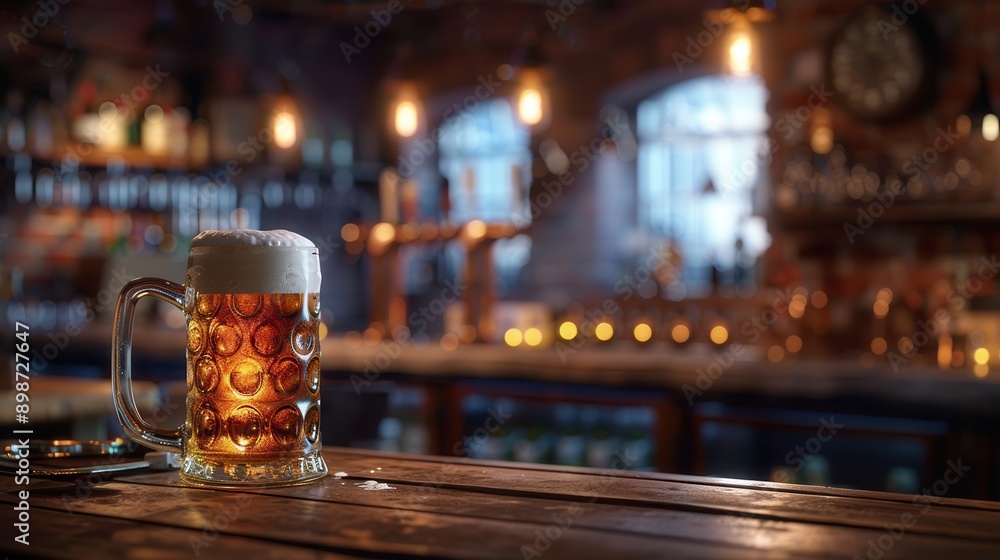 Aufkleber A full mug of beer with a head of foam sits on a wooden bartop in front of a blurred background of a bar. Generative AI