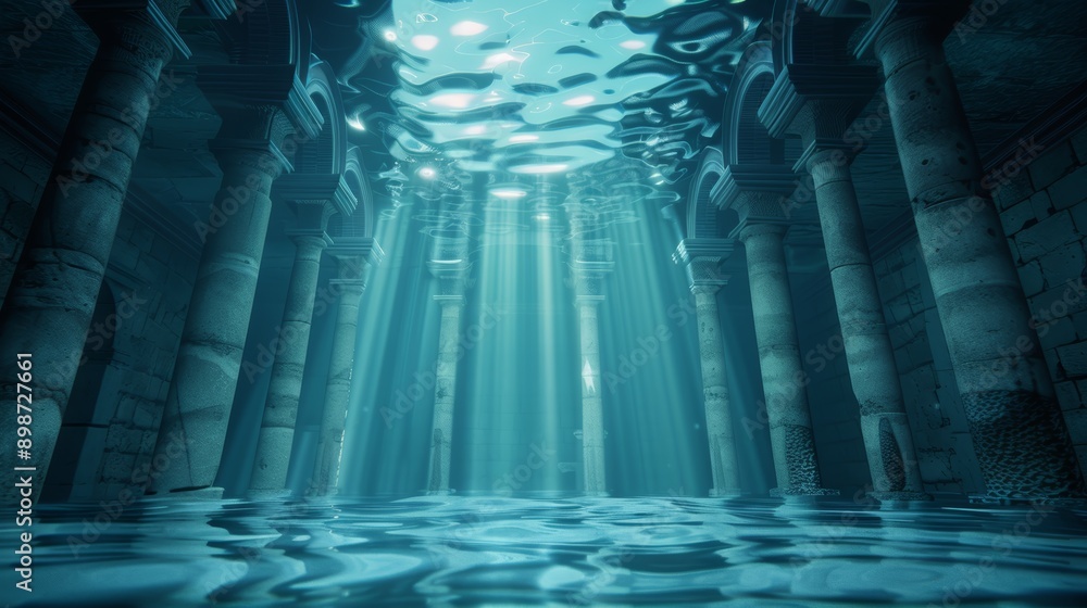Poster mysterious underwater scene with ancient columns and sunlight filtering through water, creating a tr