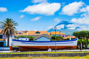 Fishing boat on square of Madalena village, Pico island, Azores, Portugal