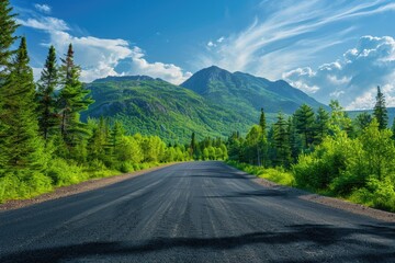 A scenic view of a mountain range with a winding road leading to the summit