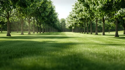 Obraz premium Serene landscape with lush green grass bordered by tall trees, creating a peaceful and inviting outdoor environment.