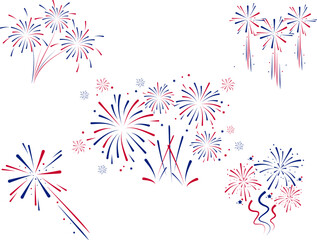 Fireworks Fourth of July.Set of fireworks with a red and blue stars and sparks . United states of america independence day fireworks. Red, blue fireworks for 4th of July ,Labor Day or Memorial day.