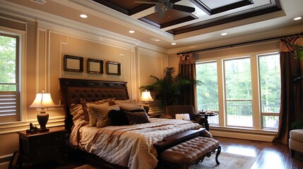 Ceiling fan tray ceiling bedroom with architectural cornice