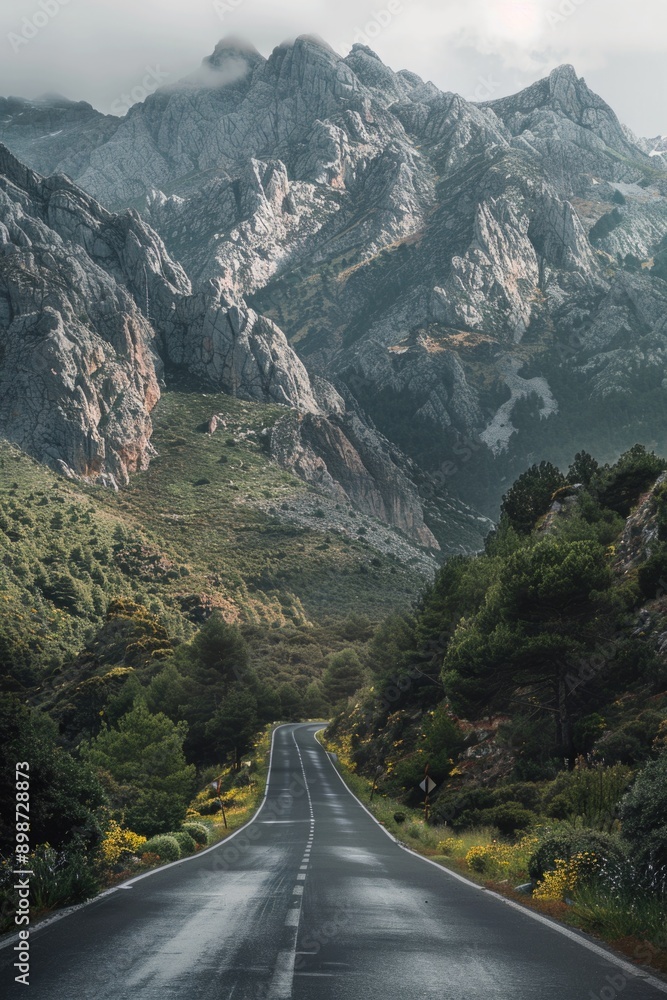 Poster A scenic view of a mountain range with a winding road snaking its way through the foreground, great for use as a backdrop or visual interest