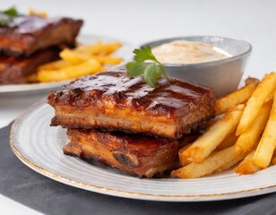 Two racks of barbecued pork baby back ribs with french fries and dipping sauce.