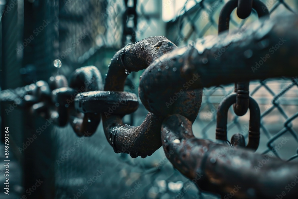 Poster A close-up view of a chain link fence with a textured, rusty surface