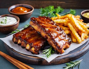 Two racks of barbecued pork baby back ribs with french fries and dipping sauce.