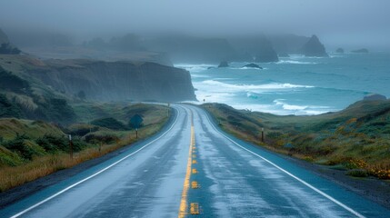 Empty coastal highway winding through green hills on a foggy day