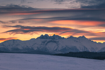 Fototapeta premium Winter views of the Tatra peaks seen from the Polish side. The Tatra National Park in its winter attire makes an incredible impression.