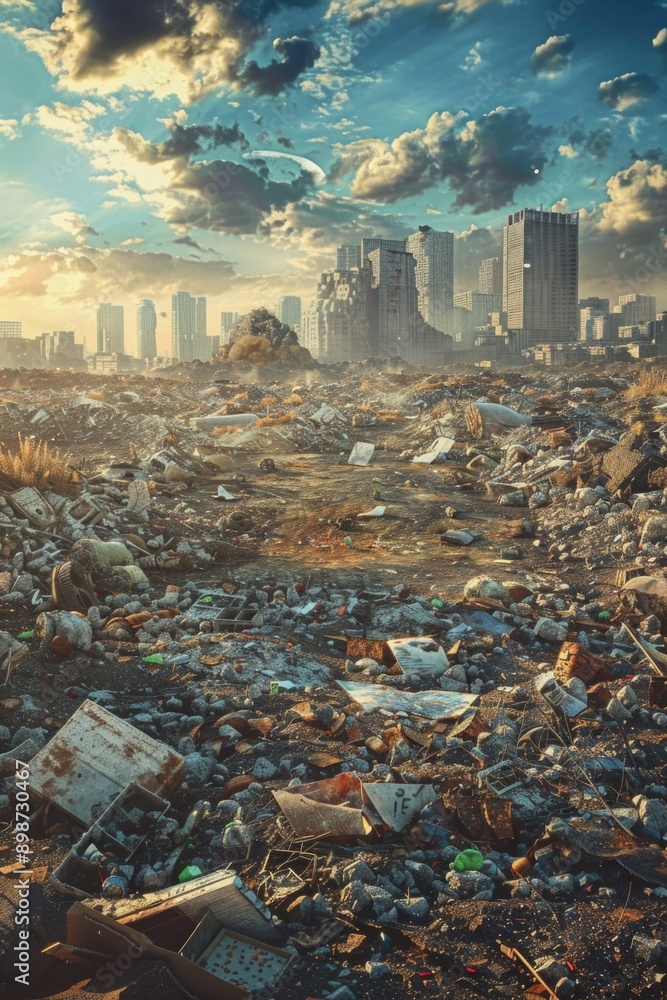 Poster a large trash pile in an urban environment