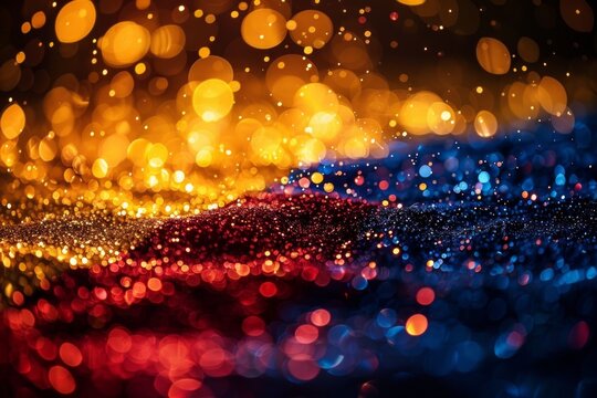black background with Colombia flag colors in glitter and bokeh 