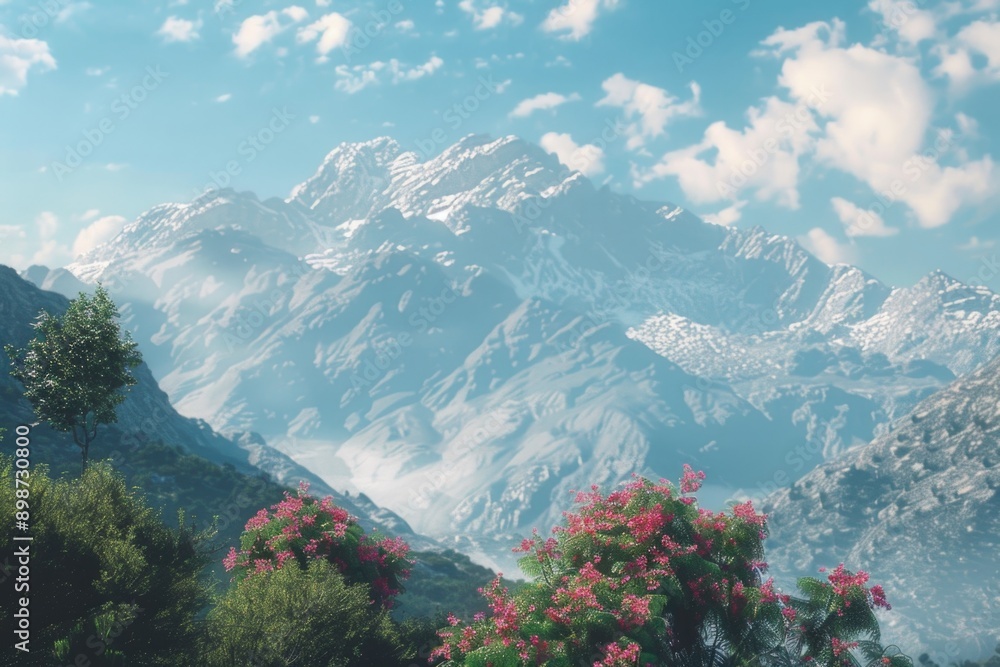 Aufkleber a scenic view of a mountain range with a field of pink flowers in the foreground, ideal for use in t