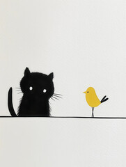 Black Cat and Yellow Bird Illustration on White Background