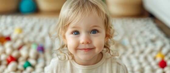 Fototapeta premium A close-up of a child's face on a rug, beaming with a wide smile