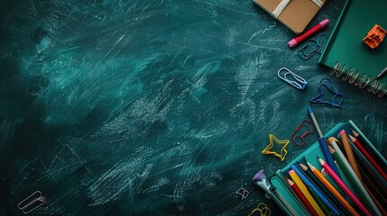 Top view back to school supplies on blackboard. Generative AI