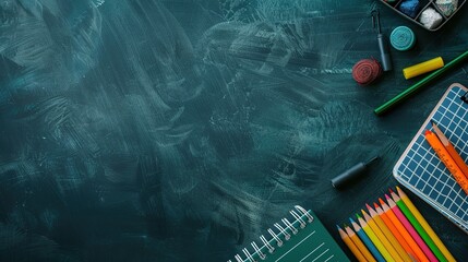 Top view back to school supplies on blackboard. Generative AI