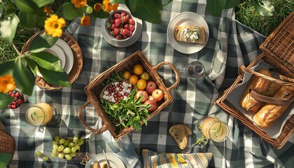 top view of food drinks and picnic basket on blanket on grass at summer park ,nature light. Generative AI