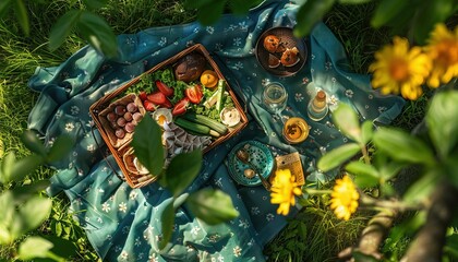 top view of food drinks and picnic basket on blanket on grass at summer park ,nature light. Generative AI