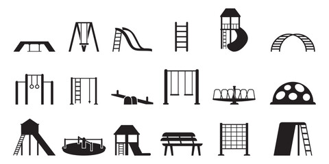 Kid playground icons set. Outline set of kid playground vector icons, Kindergarten outdoor recreation area icons set , children play. City playground.