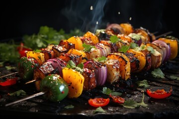 Vegetable skewers, cooking on a barbecue grid food. Generative AI