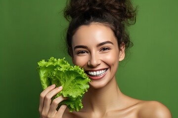 Woman with perfect skin holding green lettuce near her face, smiling at camera, posing isolated on green . Generative AI