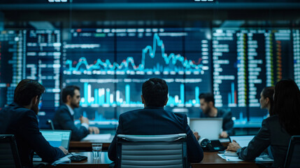 A realistic shot of a team of investors discussing market trends and investment opportunities in a meeting room 