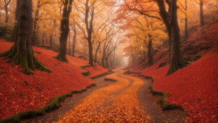 A Breathtaking Autumn Forest Path Covered in Vibrant Red and Orange Leaves, Winding Through Tall Trees with Mossy Roots