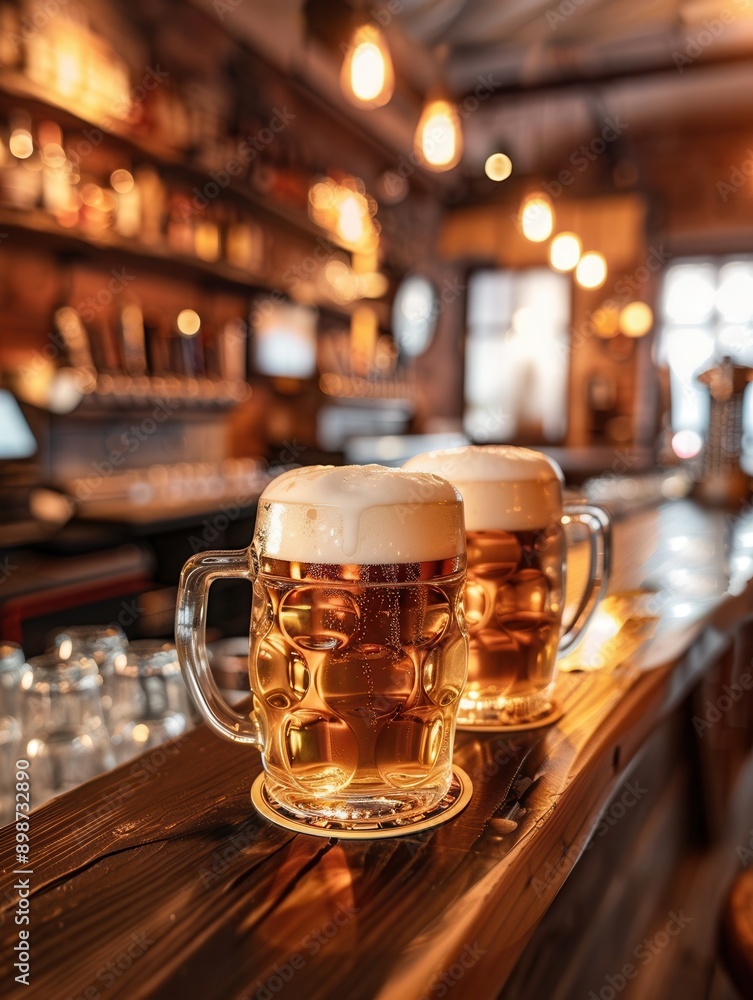 Poster two glasses of beer on a wooden bar in a dimly lit pub, filled with golden liquid and topped with fo