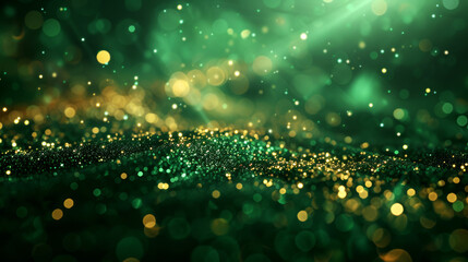 Bokeh particles glitter awards dust gradient abstract green gold background closeup New Year casino