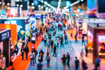 Obraz premium bustling convention center filled with rows of colorful exhibits blurred figures of attendees weaving through aisles overhead banners and signage creating a dynamic atmosphere