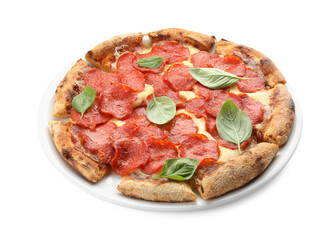 Tasty pepperoni pizza with basil isolated on white